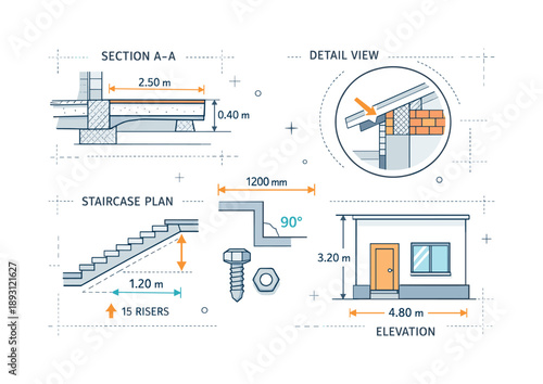 Architectural Blueprint Illustration. Construction blueprint details. Close-up view of technical drawings with sections, arrows, and measurement lines.