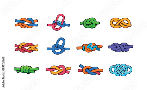 Colorful Knot Icons. Knots. Colorful isometric vector icons set of Knots: square knot, bowline knot, overhand knot, figure eight knot, reef knot, loop knot,