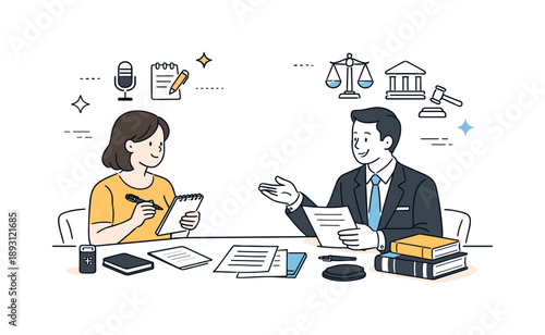 Journalism Meets Law. Journalism and law. A journalist and a legal professional calmly discussing documents across a table, with notebooks and papers neatly