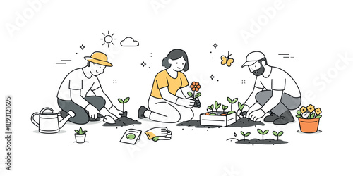 Community Garden Harmony. Gardening together. People planting flowers and seedlings side by side in a shared garden. Calm cooperation and connection with