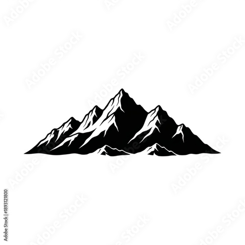 A black and white illustration of a mountain range with snow capped peaks