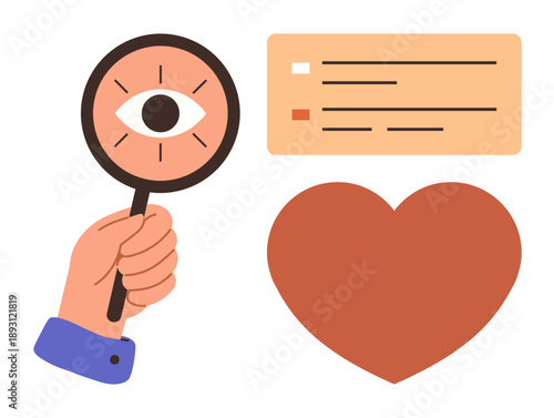 Research, healthcare, self-awareness, personal growth, relationships, compassion. A hand holds a magnifying glass showing an eye, alongside a checklist and heart. Research and healthcare