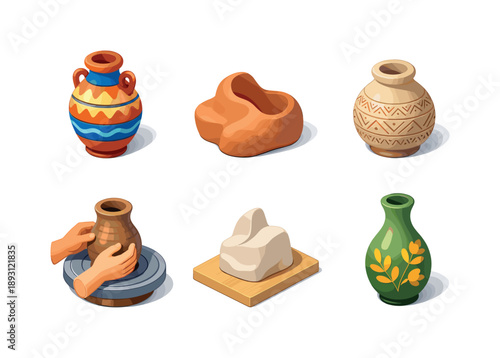 Artisan Pottery Icons. Artisan Pottery. Isometric flat vector icons set of Artisan Pottery: decorative ceramic vase, organic clay shape, hand-etched texture,