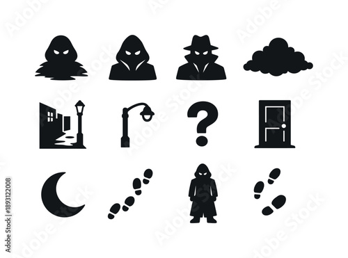 Mysterious Shadow Icons. Mysterious Figure in Shadow. Solid icon set of Mysterious Figure in Shadow: shadow silhouette, hooded figure, hidden face, glowing