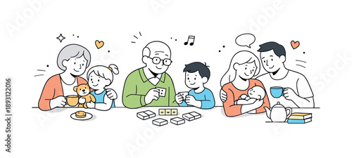 Family Tea Time. Multigenerational family bonding. Older and younger family members spending time together with tea cups and simple objects, relaxed and caring