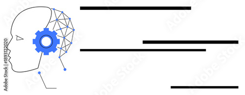 Human profile, gear symbolizing AI, network-style wires connecting technology to the head. Ideal for AI, machine learning, innovation, tech evolution, cognitive systems, neural networks future