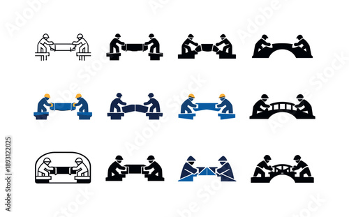 Bridge Logo Designs. Building a bridge. Icon set. Set Logo of Building a bridge: construction workers assembling bridge span. harmonious logo variations of the