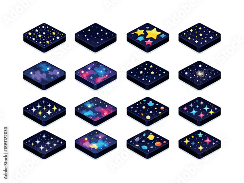 Isometric Star Icons. Starfield background. Colorful isometric vector icons set of Starfield background: dense star field, sparse star field, layered stars,