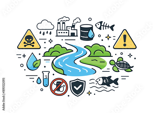 Water Contamination Awareness. Water contamination. A balanced composition with warning signs, water droplets, and environmental symbols surrounding a river