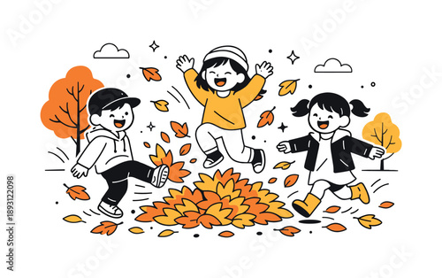 Joyful Autumn Play. Autumn outdoor fun. Children running through leaf piles, kicking leaves up in the air with smiles and laughter, surrounded by trees in fall