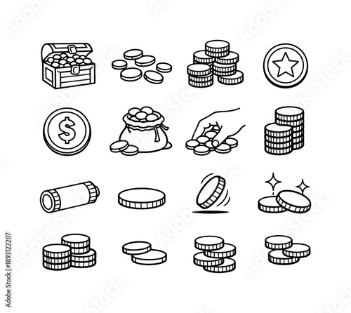 Treasure Coin Icons. Treasure Coins. Line icon set of Treasure Coins: treasure chest with coins, scattered gold coins, coin pile, coin with star, coin with