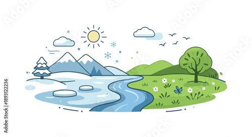 Seasonal Harmony Illustration. Nature balance transition illustration. A simple landscape where frozen ground and fresh grass coexist in harmony. The scene