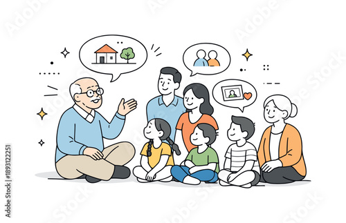 Family Storytime Scene. Multigenerational family storytelling. Grandparent speaking while children and adults listen attentively, speech bubbles and gentle