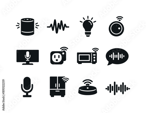 Voice-Activated Appliance Icons. Voice-Activated Home Appliances. Solid icon set of Voice-Activated Home Appliances: smart speaker, voice command wave, smart