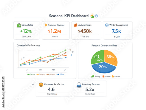 Seasonal KPI Dashboard. Seasonal KPI dashboard. Minimal dashboard with cards, charts and icons reflecting seasonal changes in performance. Professional