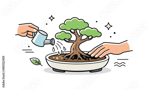 Bonsai Care Ritual. Bonsai maintenance ritual. Hands gently water a miniature tree in a shallow pot, caring for roots and soil. Calm nurturing mood, balance,