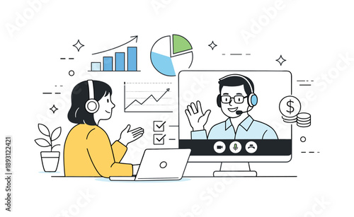Online Financial Consultation. Financial planning online consultation. Client and advisor connected via video call with charts on screen, friendly