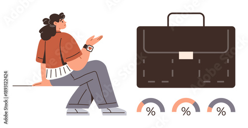 Business strategies, analytics, entrepreneurship, organization, professional growth, data visualization. Woman gesturing toward a briefcase with percentage diagrams. Business analytics