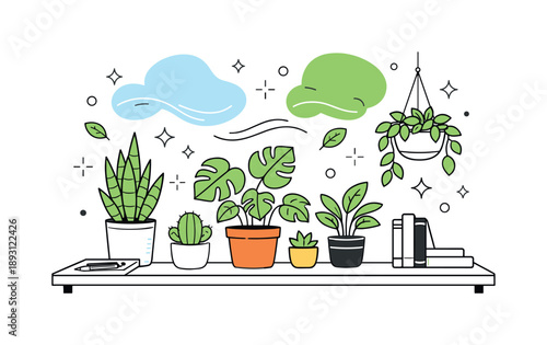 Eco-Friendly Indoor Atmosphere. Eco-friendly indoor scene. Multiple plants on a desk or shelf with abstract floating shapes representing purified