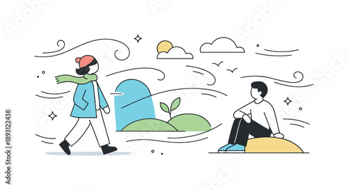 Spring Breeze Flow. Windy March atmosphere. Gentle motion lines wrapping around simple abstract forms, creating a sense of flow and cool spring energy. Calm