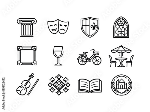 European Culture Icons. European culture symbols. Line icon set of European culture symbols: classical column, opera mask, medieval shield, cathedral window,
