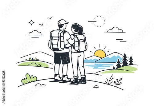 Hiking Together. Couple hiking together. A couple stands on a gentle hill with backpacks, looking at the landscape. Shared adventure, support, and quiet
