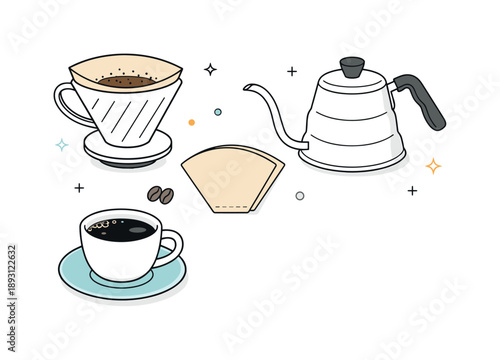 Minimalist Coffee Setup. Pour over coffee flat lay. Top view of a coffee dripper, paper filter, kettle, and cup arranged with plenty of white space. Clean