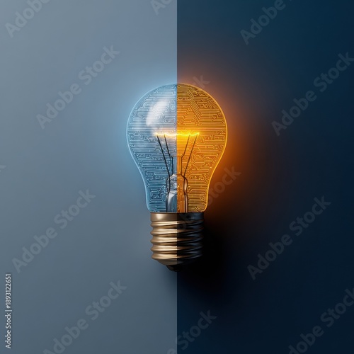 Creative lightbulb with circuit pattern split between cold blue and warm orange innovation concept