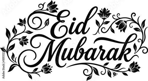 Eid Mubarak calligraphy text with decorative floral ornaments