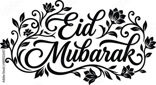 Eid Mubarak calligraphy text with decorative floral ornaments