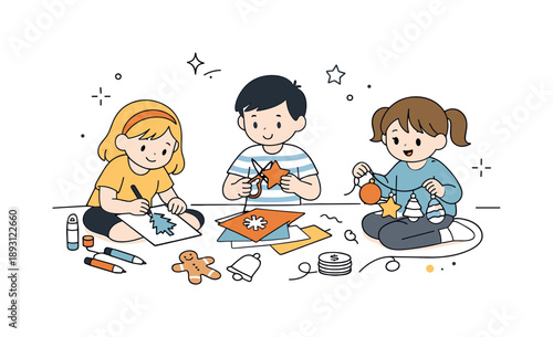 Kids Holiday Crafting. Children decorating for holidays. Kids drawing, cutting, and assembling ornaments together. Shared focus and playful teamwork with