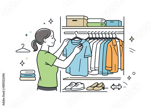 Efficient Closet Organization. Maximizing closet space with hangers. A person neatly organizes clothes using slim hangers to create more space in a wardrobe.