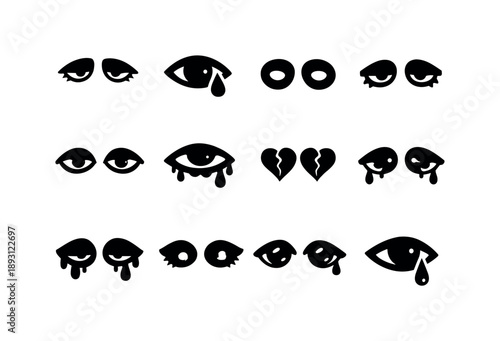 Melancholy Expression Icons. Melancholy Gaze. Solid icon set of Melancholy Gaze: downcast eyes, single tear eye, hollow eyes, tired eyes, distant stare, wet