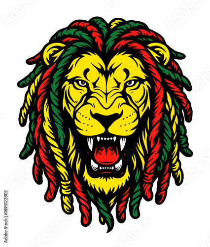 ラスタカラードレッドヘアのライオン ベクターイラスト｜Roaring Lion with Rasta Color Dreadlocks Vector Illustration
