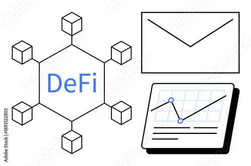 Blockchain-connected cubes, DeFi text, line chart with data points, and an envelope. Ideal for blockchain, finance, communication, analytics decentralization fintech digital economy. Simple flat