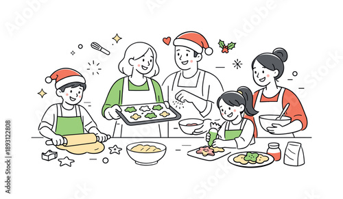 Festive Family Baking. Christmas cookie baking. Family members sharing tasks and laughing while preparing festive sweets. Friendly collaboration and holiday