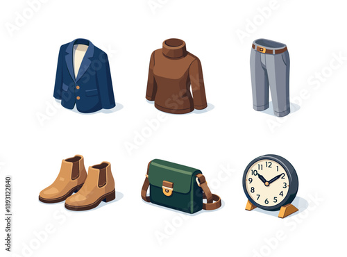 Casual Business Icons. Casual business attire. Isometric flat vector icons set of Casual business attire: relaxed fit blazer, smart turtleneck top, pleated