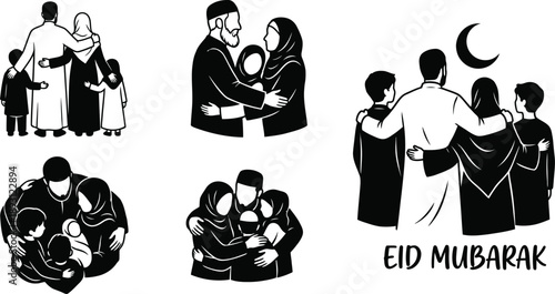 Muslim family embracing during traditional religious holiday celebration