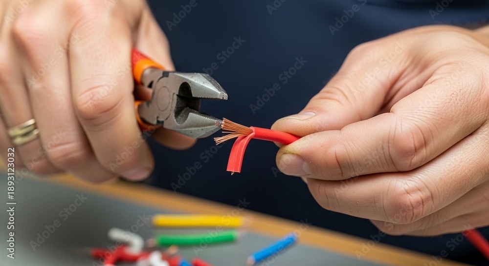 Fototapeta premium A close-up shot of a technician's hands using pliers to cut a blue electrical wire with the internal copper wires exposed, a concept of electrical maintenance, handicrafts, and technical repairs.