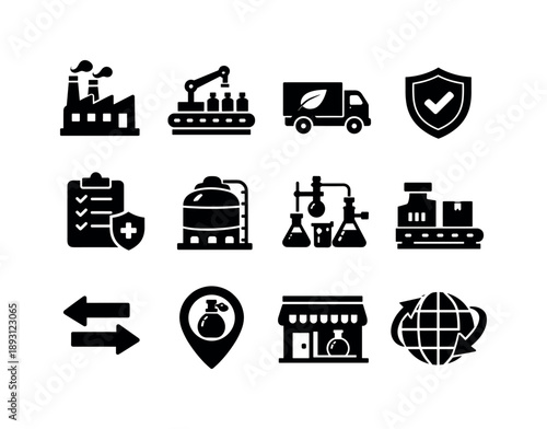 Perfume Industry Icons. Perfume industry. Solid icon set of perfume industry: factory icon, production line, ingredient truck, quality control badge, safety