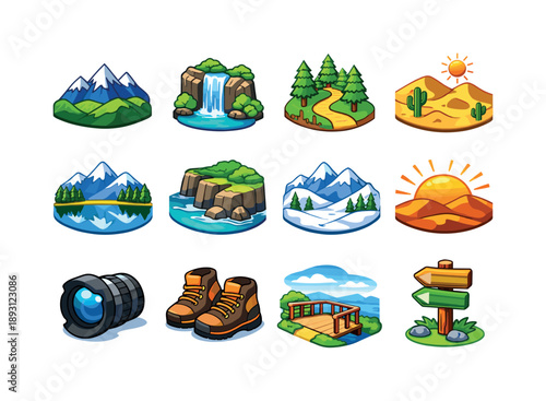 Landscape Photography Icons. Landscape photography tour. Colorful isometric vector icons set of Landscape photography tour: mountain range, waterfall scene,