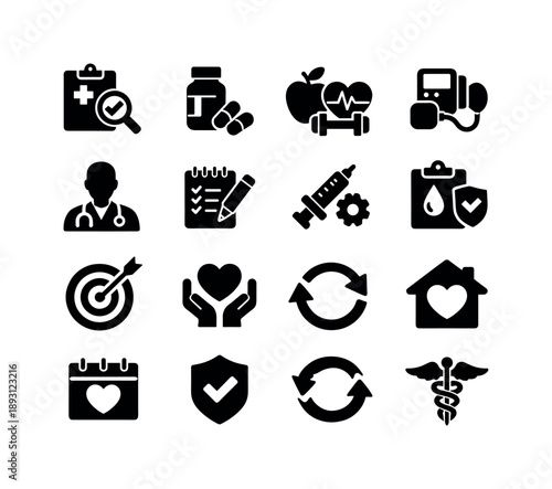 Chronic Care Icons. Chronic care timeline. Solid icon set of chronic care timeline: condition diagnosis icon, long-term medication, lifestyle plan, routine