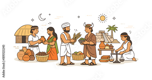 Ancient Marketplace Exchange. The history of the world?s first civilizations (Mesopotamia, Indus Valley) ? daily life and trade. People exchanging goods like