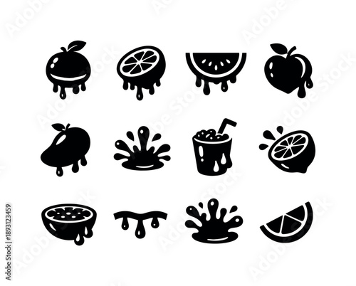 Juicy Fruit Icons. Juicy fruits. Solid icon set of juicy fruits: dripping orange, sliced lemon, watermelon drip, juicy peach, ripe mango, splash droplet, berry