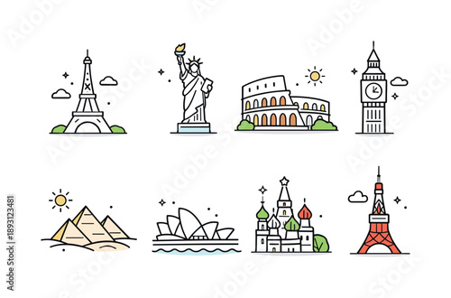 Minimalist Landmark Icons. City landmark icons. Individual landmark icons shown separately with consistent proportions and line weight. Clear, modern visual