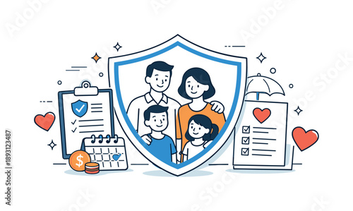 Family Insurance Protection. Discussing insurance plans for the family protection focus. A conceptual scene with a family group framed by a large shield icon,