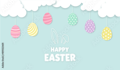 Happy Easter greeting card with easter eggs hanging on clouds paper clip style vector illustration