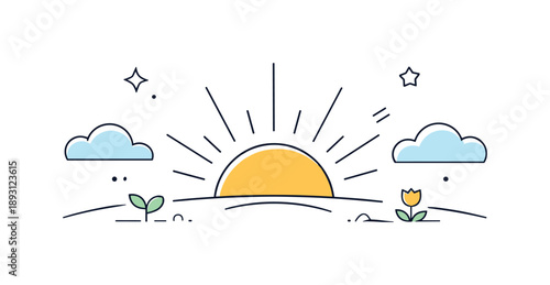 Hopeful Sunrise Illustration. Hope and renewal illustration. A sunrise appearing over a minimal horizon with gentle rays and soft clouds. Feeling of