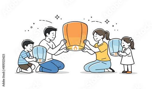 Family Lighting Lanterns. People lighting lanterns family moment. Parents and children lighting lanterns together with careful gestures. Warm bonding and