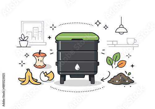 Urban Composting Design. Urban composting practice. A compact compost bin surrounded by simple icons of food waste, leaves, and soil, placed in a modern